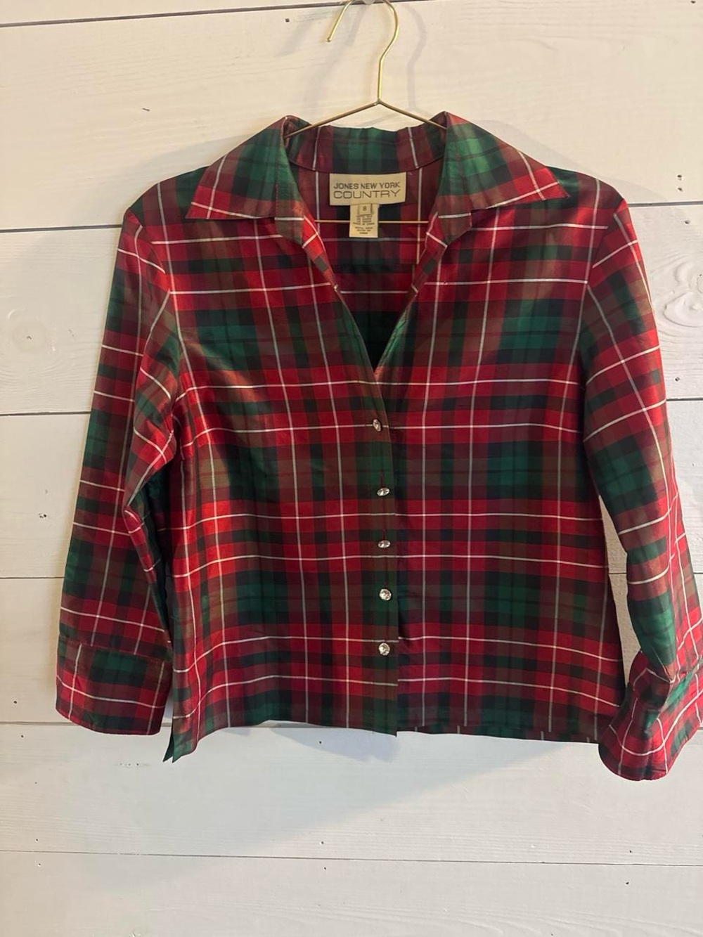 Jones New York Silk Red & Green Plaid Button-Down Shirt